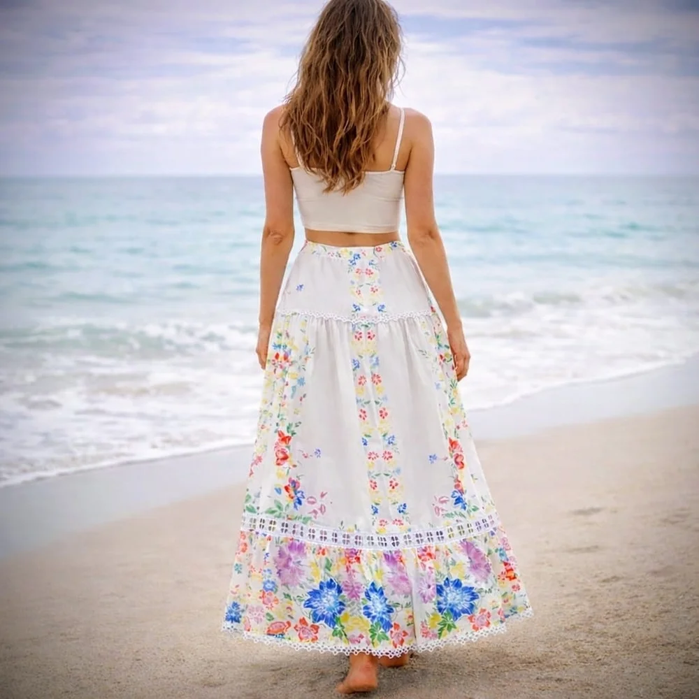 Charo Ruiz White Floral Garden Multi Colored Maxi/Midi Skirt, Cotton, NWT size M - Picture 15 of 15